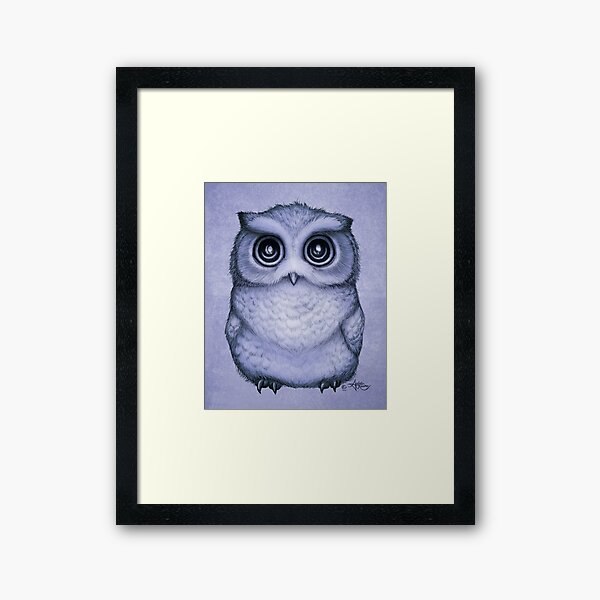 "The Little Owl" by Amber Marine, (Lavender Bud Version) Pencil and Ink Illustration (Copyright 2016) Framed Art Print