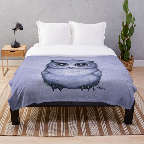 "The Little Owl" by Amber Marine, (Lavender Bud Version) Pencil and Ink Illustration (Copyright 2016) Throw Blanket