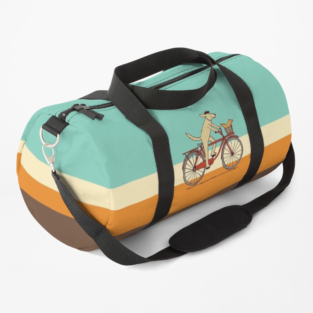 Dog and Squirrel are Friends | Whimsical Animal Art | Dog Riding a Bicycle Duffle Bag