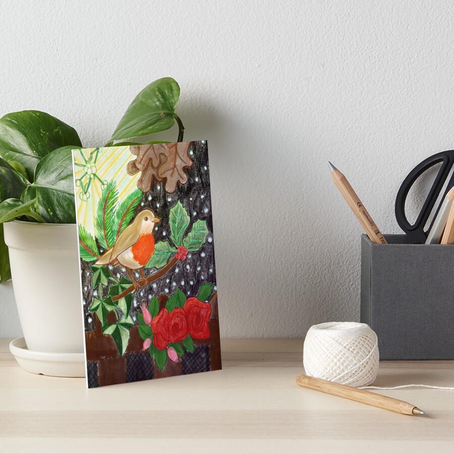 Robin Redbreast tunes his Note Art Board Print