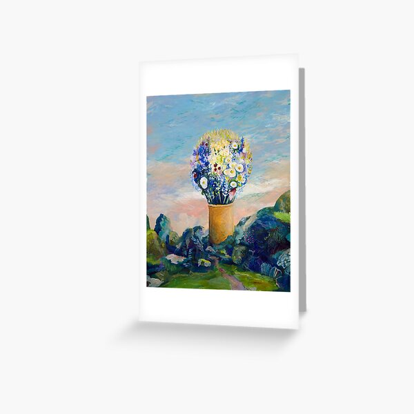 Gigantischer Blumenstrauß in der Landschaft Grußkarte