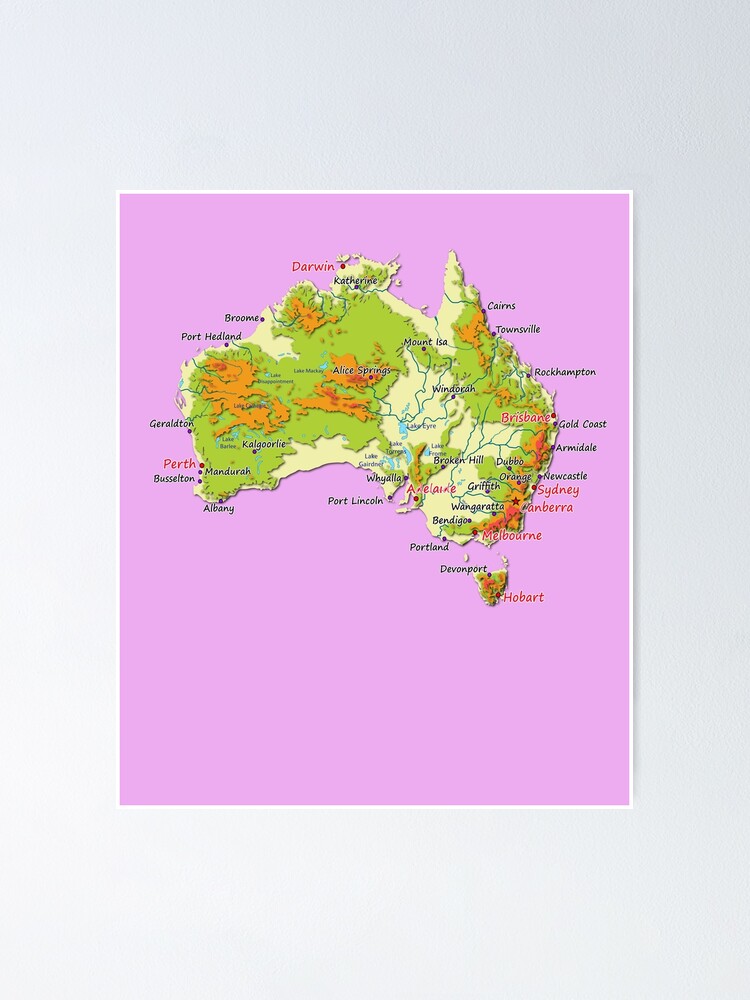 Australia Physical Map Topographic Map Of Australia Coast Capitals And Major Cities Poster By Mashmosh Redbubble