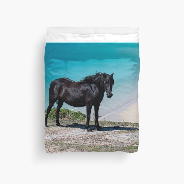 Item preview, Pedn Vounder Beach Cornwall with a wild  Black horse designed and sold by kathleenjean.