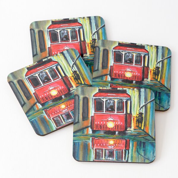 Item preview, Red Tram Rainy landscape watercolor  designed and sold by artbymanjiri.