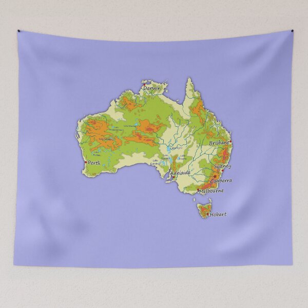 Item preview, Australia physical map topographic map of Australia lakes rivers, coast, Capitals and Major cities  designed and sold by mashmosh.