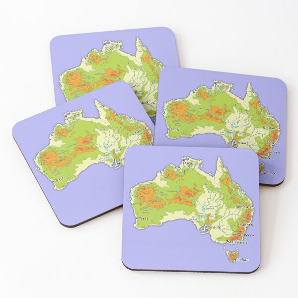 Item preview, Australia physical map topographic map of Australia lakes rivers, coast, Capitals and Major cities  designed and sold by mashmosh.