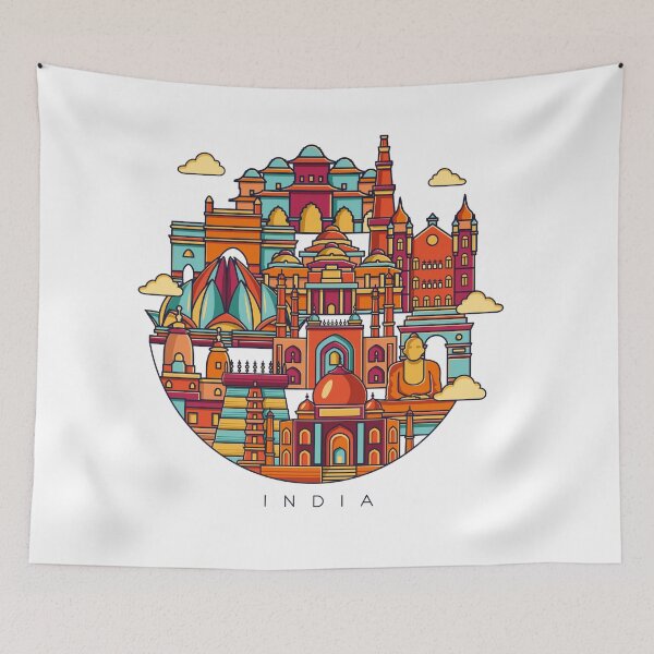 Item preview, India colorful skyline. Travel and tourism illustration with famous designed and sold by LisaKolbasa.