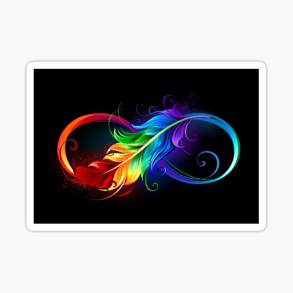 Infinity with rainbow feather on black background Sticker