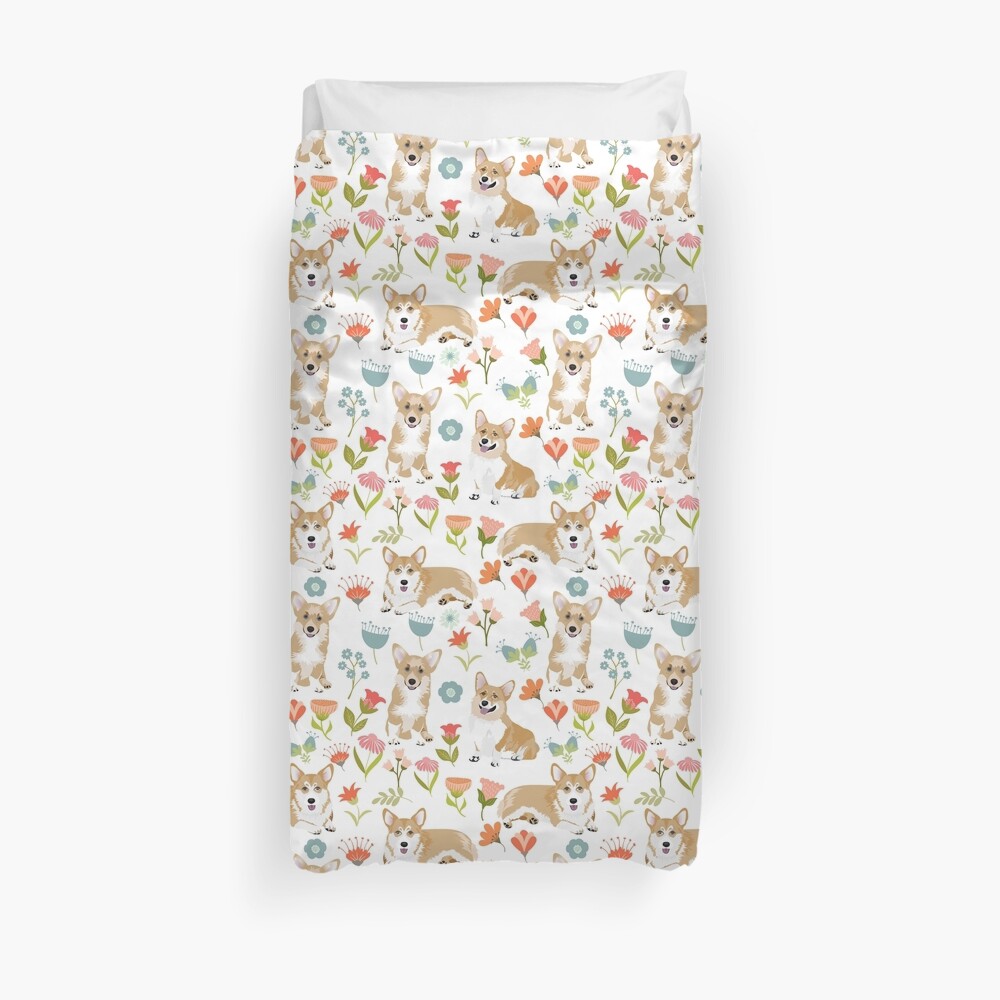 Summer Corgi And Flower Meadow Duvet Cover