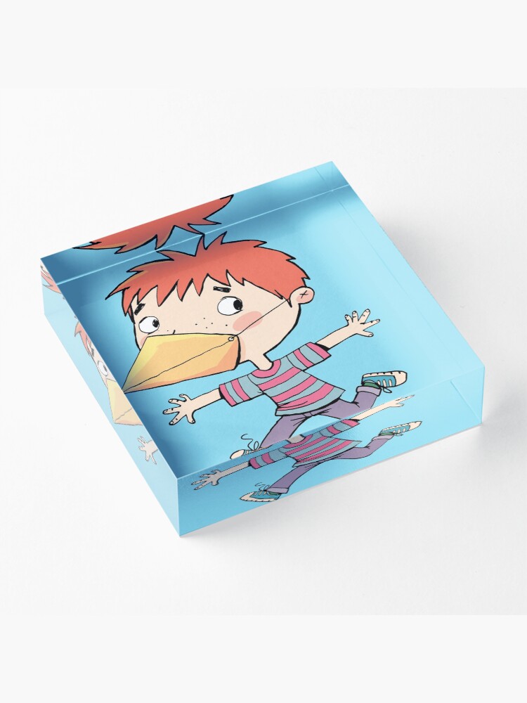 Alternate view of boy with a mask on his face that is a bird's beak Acrylic Block