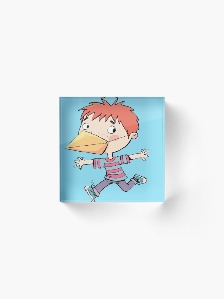 Alternate view of boy with a mask on his face that is a bird's beak Acrylic Block