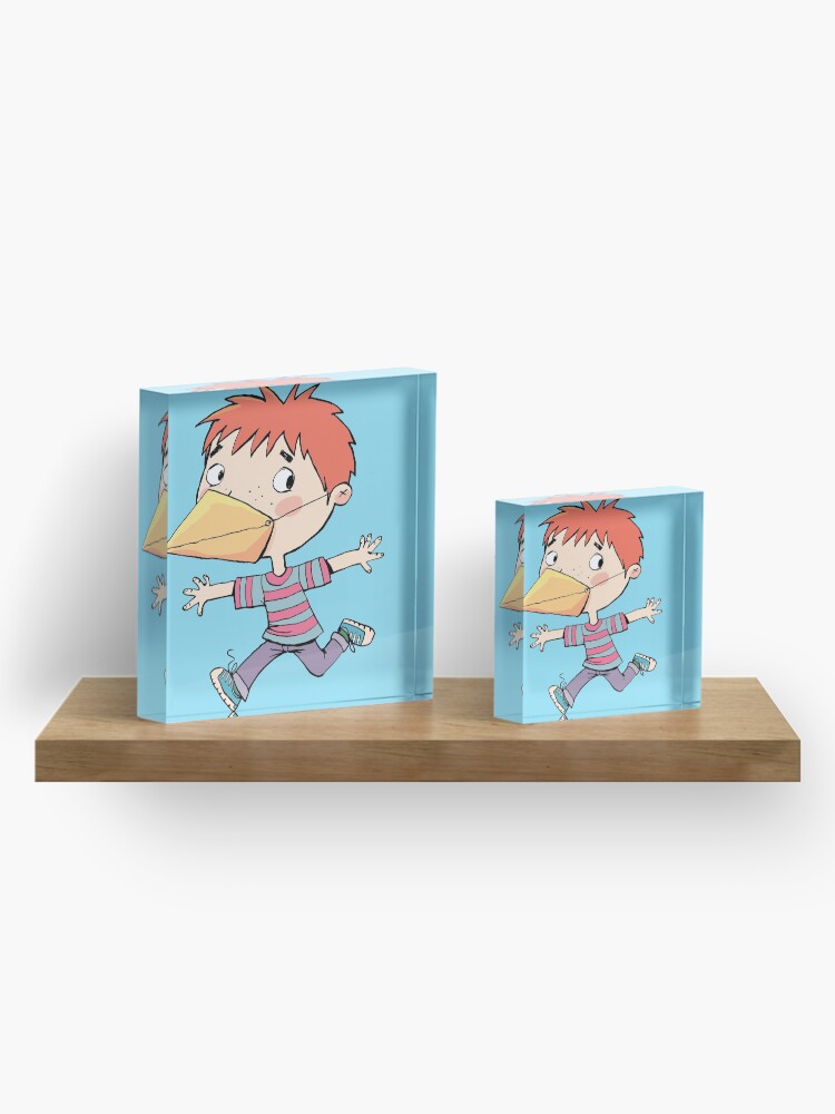 Alternate view of boy with a mask on his face that is a bird's beak Acrylic Block