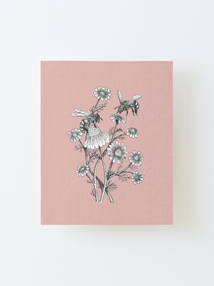 Alternate view of bees and chamomile on dusty pink background Mounted Print