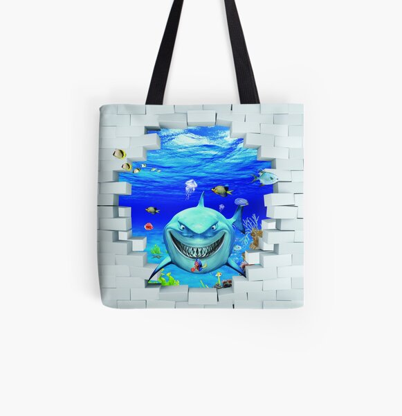 Wall mural: Shark swims out of the hole in the wall All Over Print Tote Bag