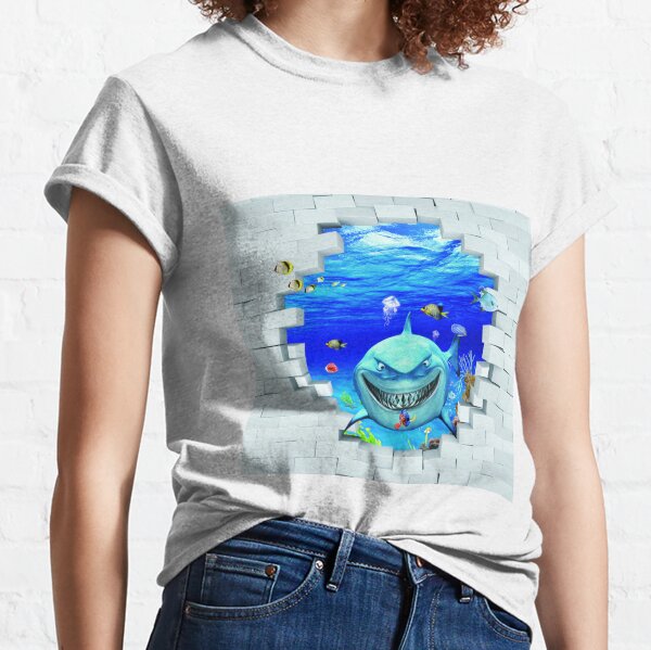 Wall mural: Shark swims out of the hole in the wall Classic T-Shirt