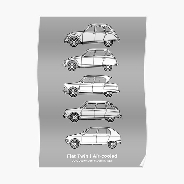 Citroën Flat Twin Engined Art, 2CV, Dyane, Ami 6, Ami 8, et Visa Poster