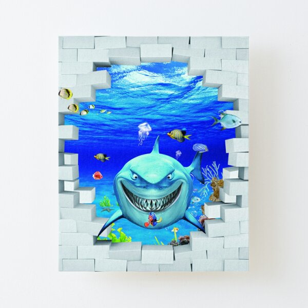 Wall mural: Shark swims out of the hole in the wall Canvas Mounted Print