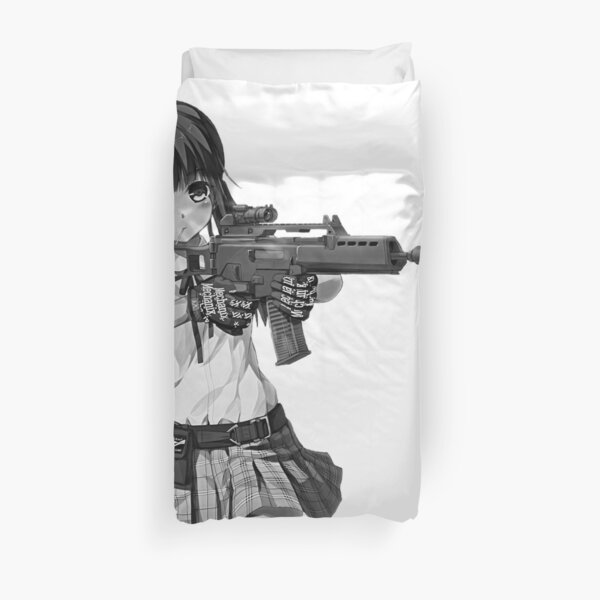 Sweet anime girl with a gun. Real anime princess with Heckler & Koch G36 assault rifle. | Manga, chibi. Duvet Cover