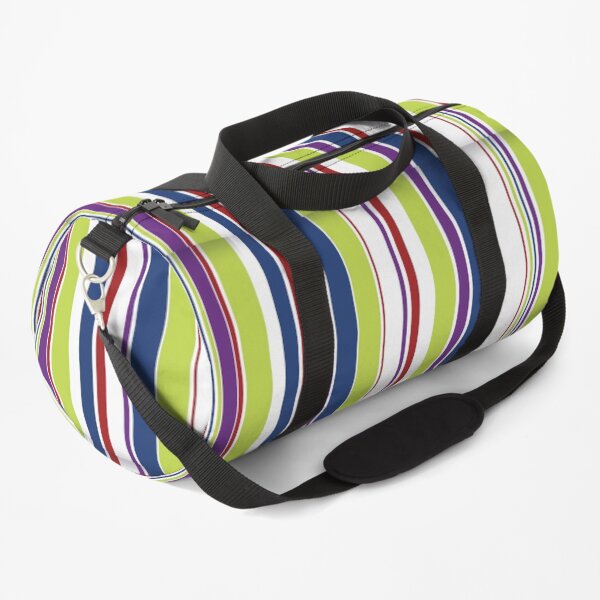 Vertical Stripes Navy Blue, Lime Green, Red, White, Purple Duffle Bag