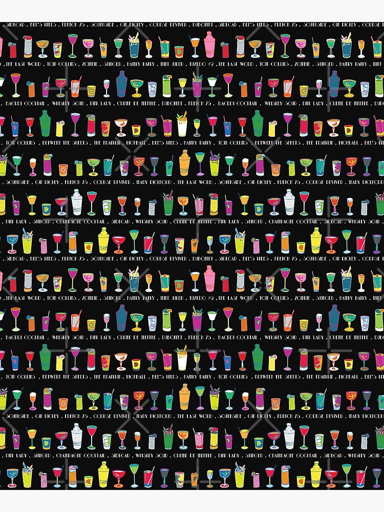 Line em Up! - Prohibition Cocktails pattern on black by Cecca Designs by Cecca-Designs