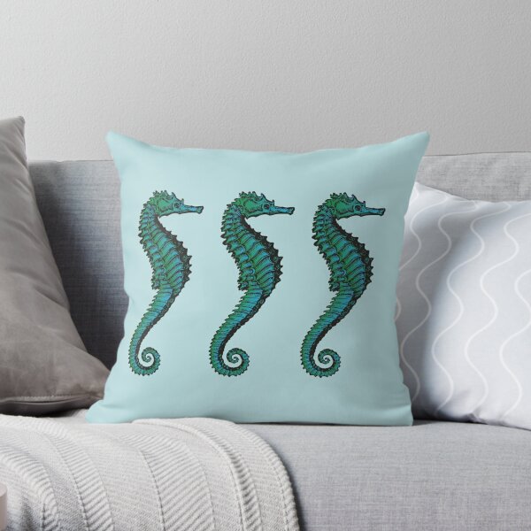 Seahorse Trio | Vintage Seahorses | Three Seahorses | Blue and Green |  Throw Pillow