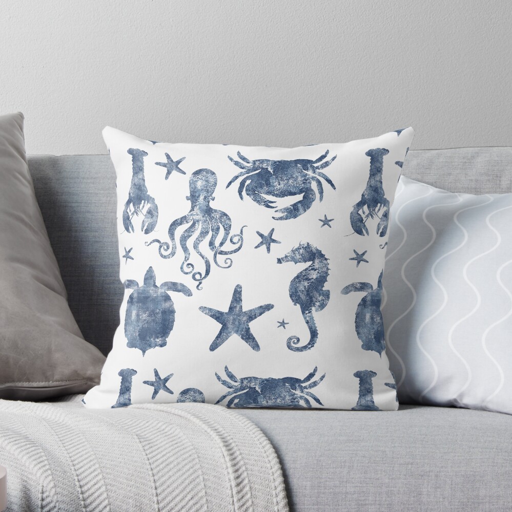 Nautical Marine Life, sea star, seahorse, turtle, octopus, coastal beach Throw Pillow