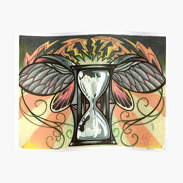 time flies, beetle winged hourglass tattoo design Poster