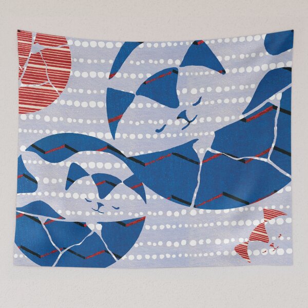 Item preview, Vintage Woodblock Japanese Textile Kintsugi Cat designed and sold by bittergodart.