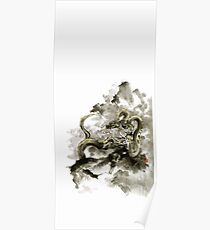Mountain dragon sumi-e ink painting dragon art Poster