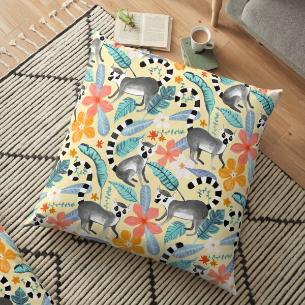 Gouache Lemur Land on Cream Floor Pillow
