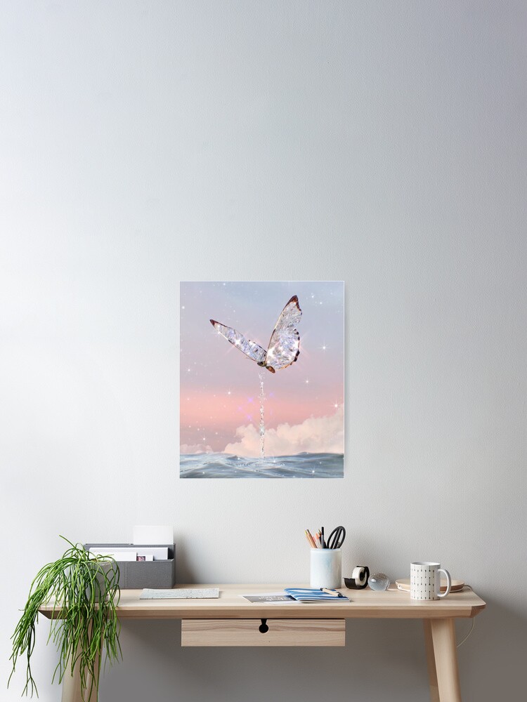Vintage aesthetic sparkly butterfly pastel sunset beach Poster