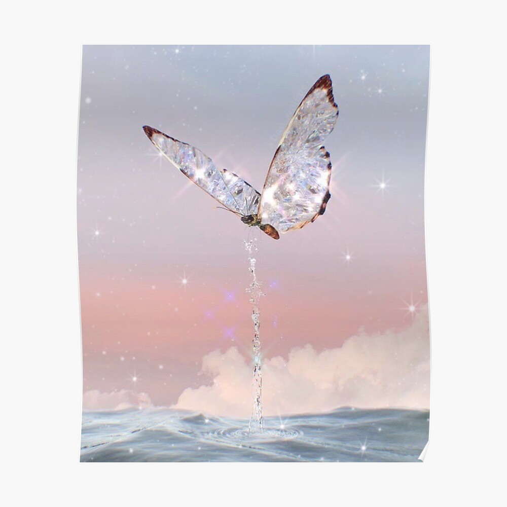 Vintage aesthetic sparkly butterfly pastel sunset beach