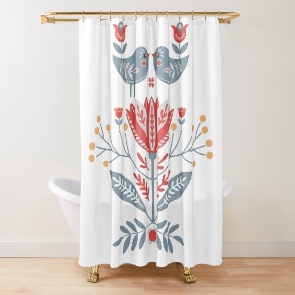 Scandinavian Folk Art: Birds & Flowers Shower Curtain for Sale by