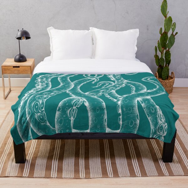 White Tentacles Octopus ink teal turquoise Art Throw Blanket