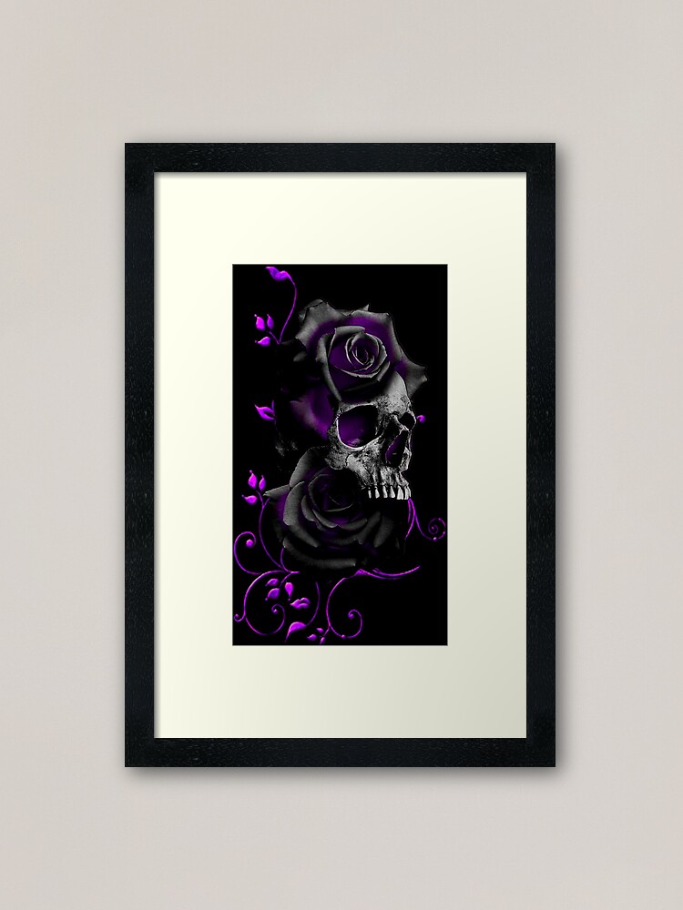 Lámina enmarcada «Calavera con Rosas Negras y Moradas» de SilvinaNoemi |  Redbubble