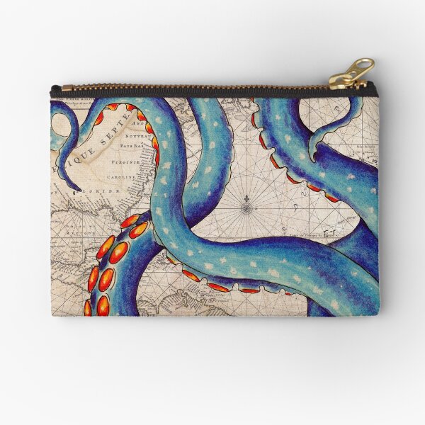 Tentacles Vintage Map Octopus Kraken Shabby Chic Beach Zipper Pouch