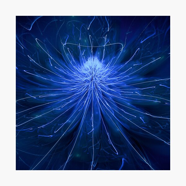 Intense Glowing Neon Blue White Flower Fractal Artwork Photographic Print