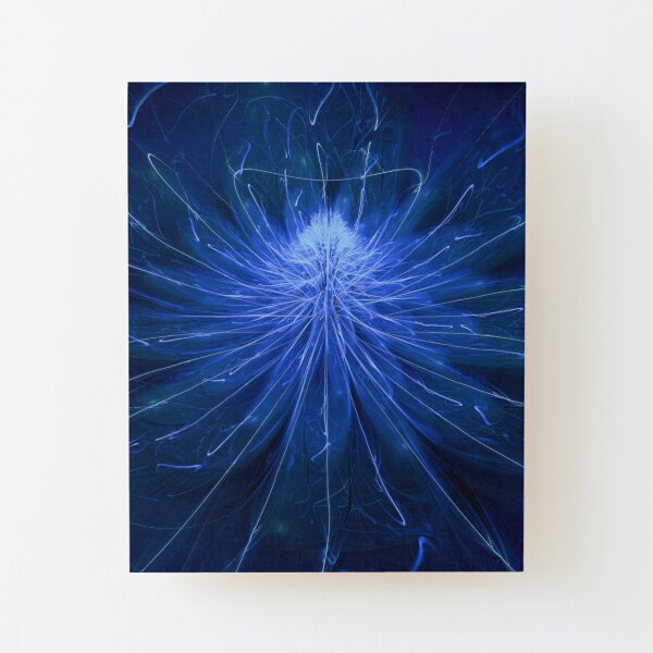 Intense Glowing Neon Blue White Flower Fractal Artwork Wood Mounted Print