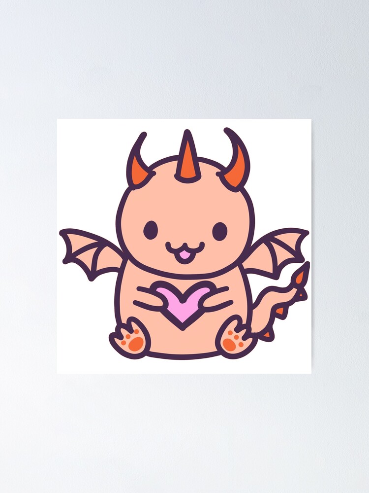 cute kawaii orange red dragon holding pink heart, print design Poster for  Sale by Jenny Romeril