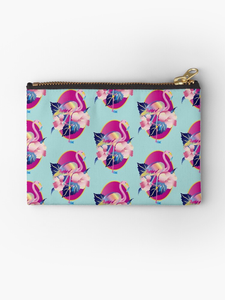 Thumbnail 1 of 4, Zipper Pouch, Pretty Pink Flamingo Tropical Hibiscus Flowers designed and sold by beverlyclaire.