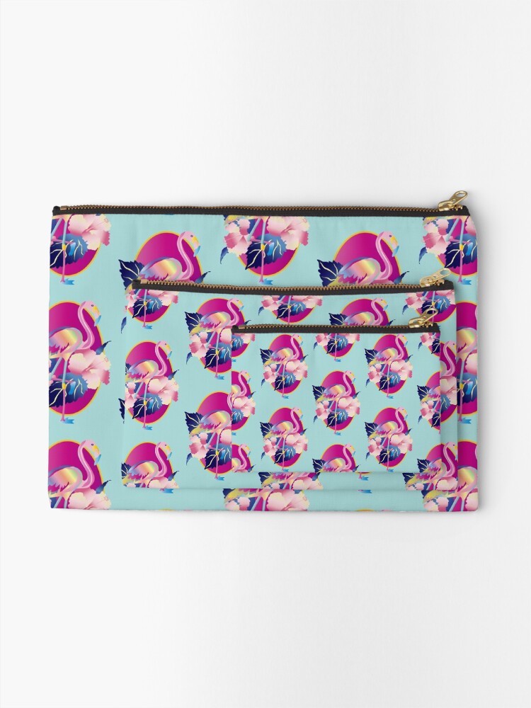 Thumbnail 2 of 4, Zipper Pouch, Pretty Pink Flamingo Tropical Hibiscus Flowers designed and sold by beverlyclaire.
