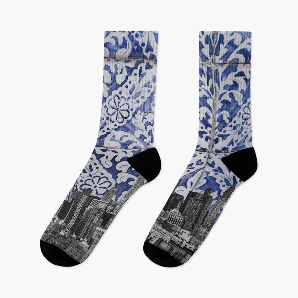 Item preview, New York City Manhattan Skyscrapers Meet Portuguese Tiles - Azulejo Blue and White Floral Leaf Design designed and sold by idovedesign.