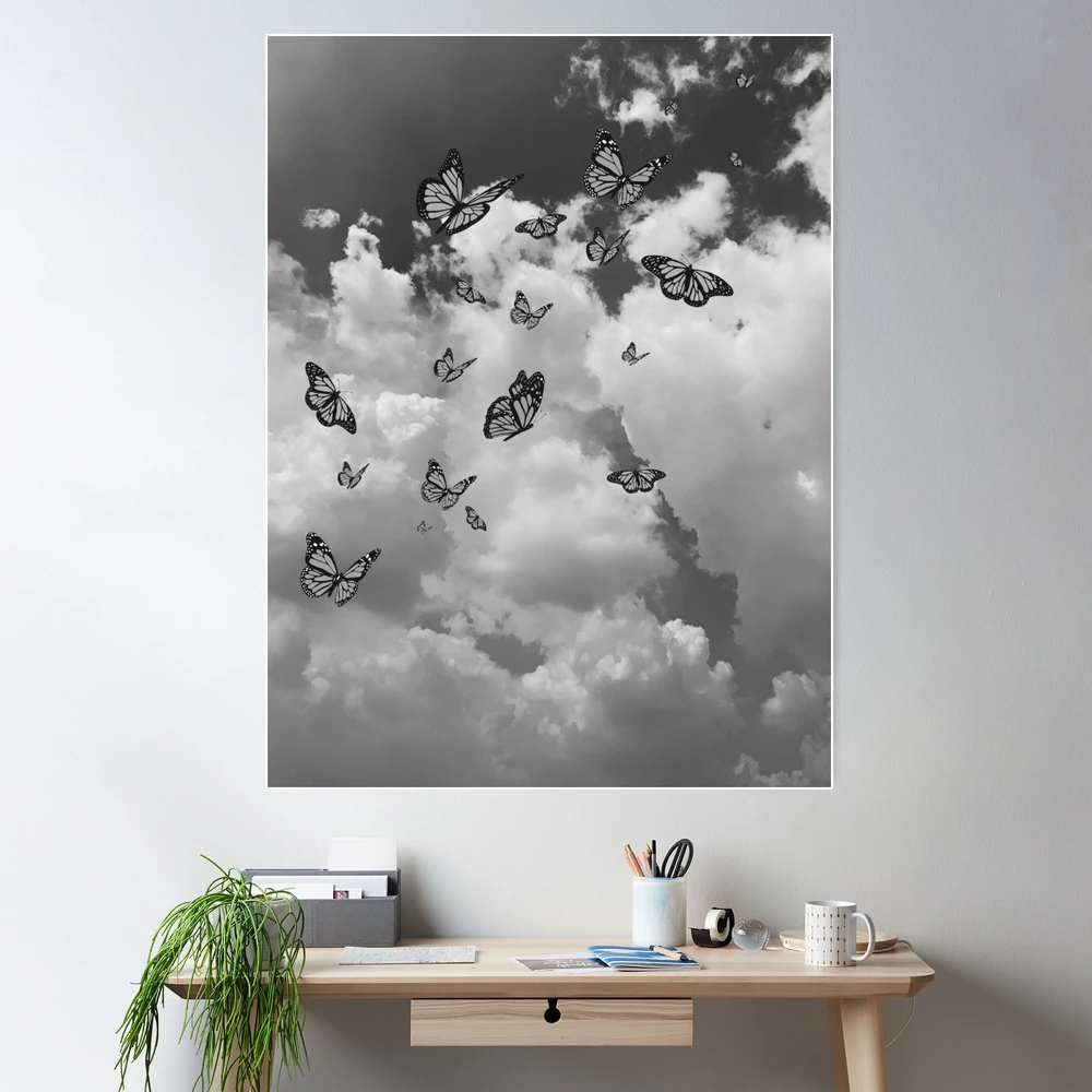 Monarch butterflies flying in the sky (Black and white) - Photography and  illustration | Poster