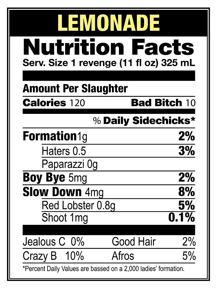 "Beyonce Lemonade Nutrition Facts" Poster for Sale by mbikosdesign