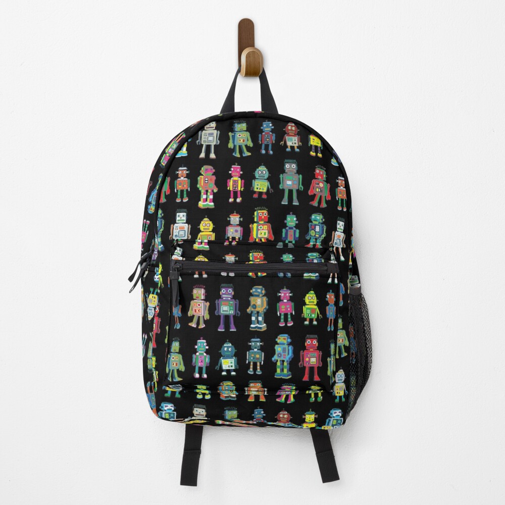 Robot Line-up on Black - fun pattern by Cecca Designs Backpack