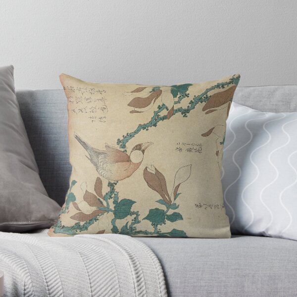 Hokusai Katsushika - A Paddy Bird Perched On A Flowering Magnolia Branch Throw Pillow