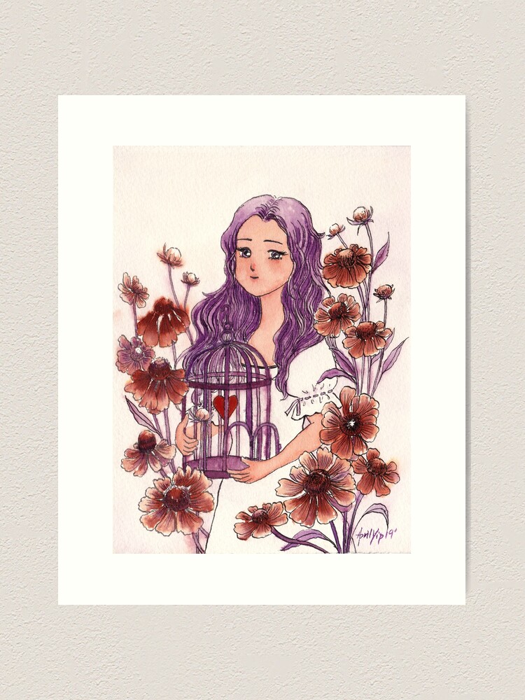 Alternate view of The Girl holding a Bird Cage with a Heart inside Art Print