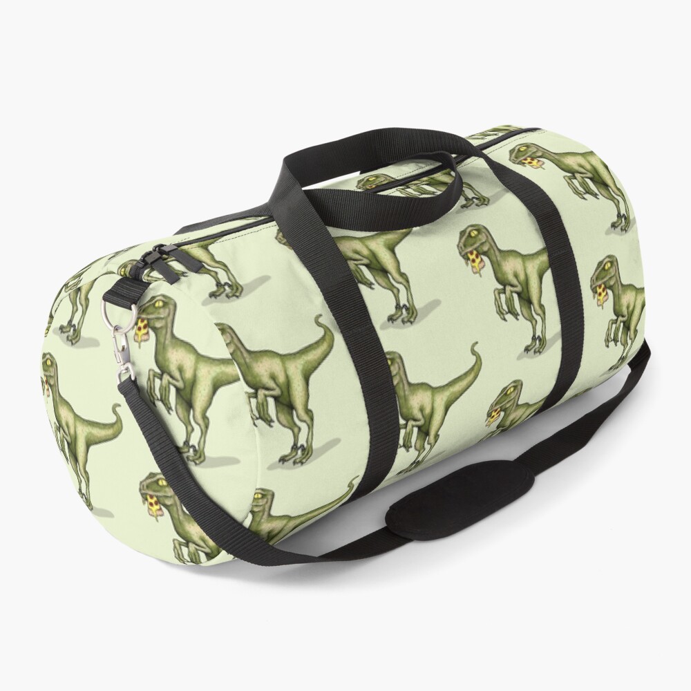 Raptor dinosaur eating pizza slice Duffle Bag