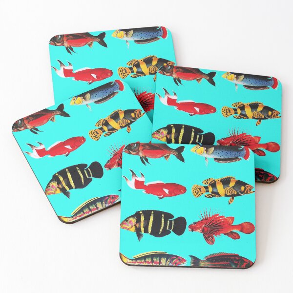 Item preview, COLORFUL FISHES IN TURQUOISE BLUE Antique Animal Drawings designed and sold by BulganLumini.