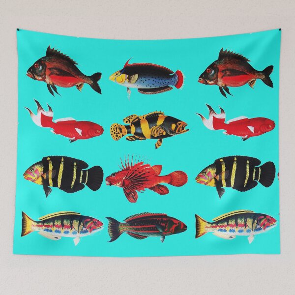 Item preview, COLORFUL FISHES IN TURQUOISE BLUE Antique Animal Drawings designed and sold by BulganLumini.